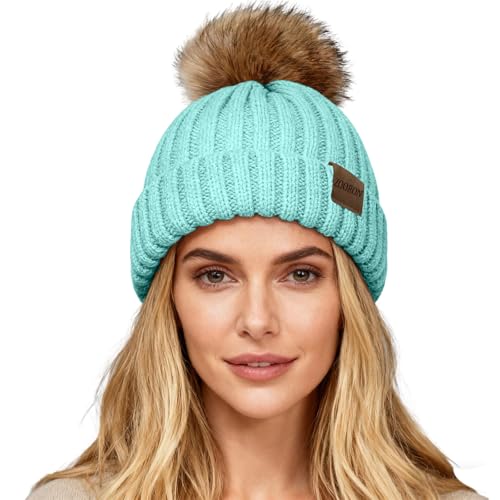 ZOORON Womens Winter Knitted Beanie Hat with Faux Fur Pom Beanie Warm Knit Skull Cap Beanie for Women - color: 1lake Blue