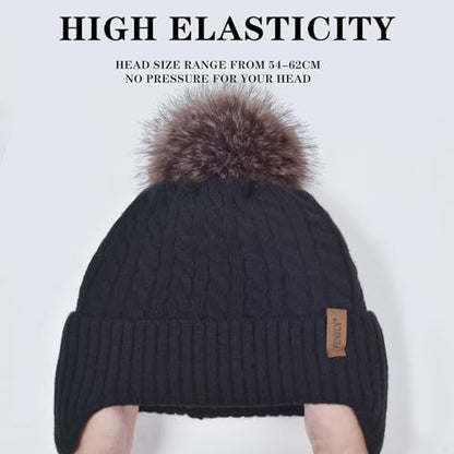 FENELY Women's Knitted Warm Beanie Winter Hat, Warm Chunky Snow Hat with Pompom - color: Black