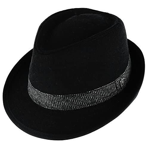 Men’s Fedora, 2” Brim, Classic Wool Blend with Herringbone Band - color: Black, size: Small