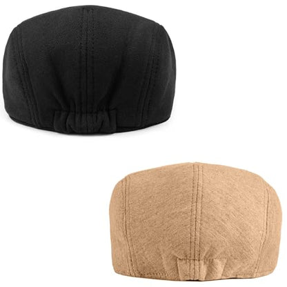 2 Pack Newsboy Cap for Men Women Flat Cap Beret Ivy Cabbie Hat - color: Black + Khaki