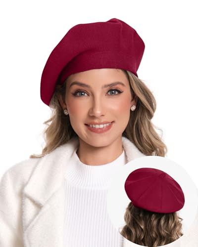 Women's Knitted Beret, French Style Double Layer Winter Autumn Warm and Soft Beanie Hat Cap - color: Dark Red