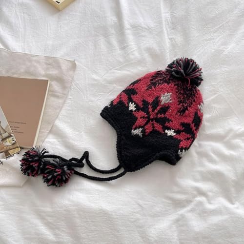 Women Cute Beanie Hat with Pom Warm Ski Snow Ear Flaps Snowflake Fair Isle Pattern Crochet Hats with Fleece Lined - color: Black