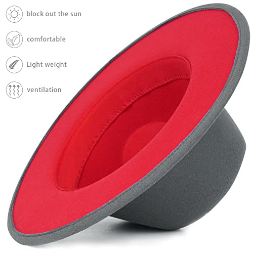Trendy Fedora Hats for Men & Women Wide Brim Felt Hat Dress Panama Hat Two Tone Fedora - color: A Grey-red, size: Large-X-Large