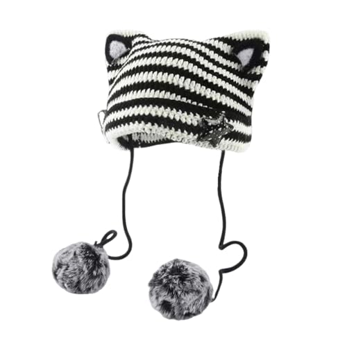 Women Kawaii Cat Ear Beanie Hat with Star Pom Poms Y2K Cute Crochet Goth Grunge Emo Alt Accessories Knit Slouchy Hat - color: White Black
