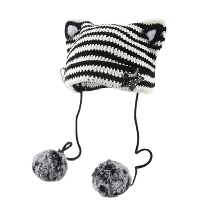 Women Kawaii Cat Ear Beanie Hat with Star Pom Poms Y2K Cute Crochet Goth Grunge Emo Alt Accessories Knit Slouchy Hat - color: White Black