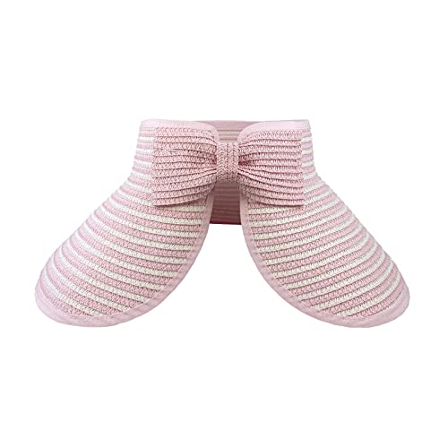 Womens Foldable Straw Sun Visor, Packable Roll‑Up Beach Hat with Wide Brim - color: Pink and White Stripe