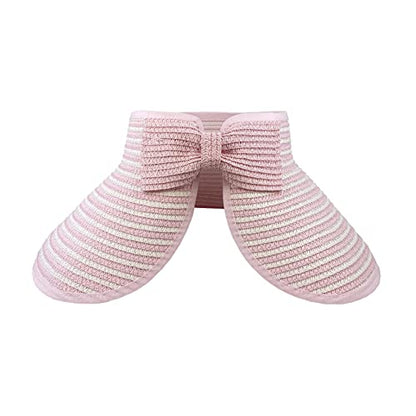 Womens Foldable Straw Sun Visor, Packable Roll‑Up Beach Hat with Wide Brim - color: Pink and White Stripe
