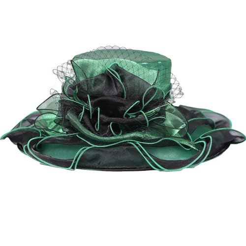 Kentucky Organza Derby Top Hats for Women Sun Visor Cap Ladies Flowers Bride Weeding Fascinators Wide Brim Fedoras - color: Dark Green