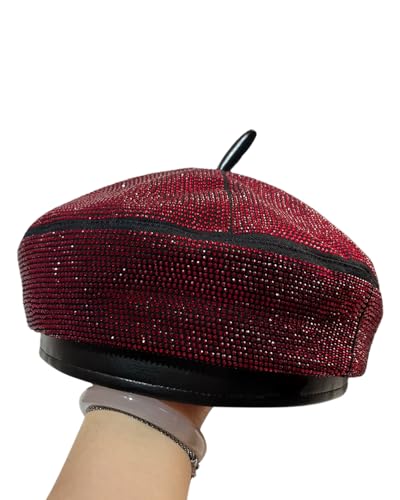 MINGSEECESS Women PU Leather French Black Beret Hat Causal Beanie Hat - color: Rhinestone-red