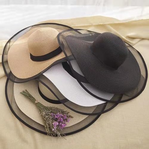 Womens Mens Wide Brim Straw Panama Hat Beach Sun Hat Summer Wide Brim Straw Roll up Hat Fisherman's UPF 50 - color: +Black
