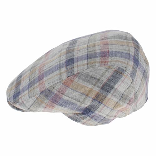 Hats in the Belfry Italia Men's Flat Cap, 100% Linen, Blue Brown Cream Plaid, Made in Italy, Newsboy Style, Casual Wear - color: Pink Plaid, size: Medium