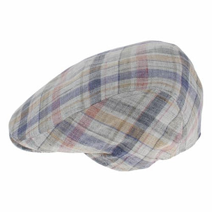 Hats in the Belfry Italia Men's Flat Cap, 100% Linen, Blue Brown Cream Plaid, Made in Italy, Newsboy Style, Casual Wear - color: Pink Plaid, size: Medium