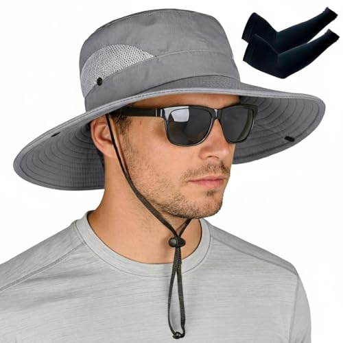 ZOORON Sun Hats for Men Women, Wide Brim Safari Hats UV Protection UPF50+ Waterproof Boonie Hats for Fishing Hiking Camping - color: With One Pair Cooling Sleeves-1pack-gray