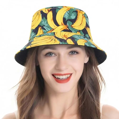 ZLYC Printed Bucket Hat for Women Men Packable Summer Sun Hat for Beach - color: Banana Yellow