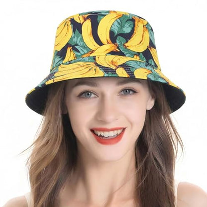 ZLYC Printed Bucket Hat for Women Men Packable Summer Sun Hat for Beach - color: Banana Yellow