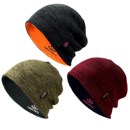 3 Pack Reversible Fleece Lined Beanie Hats for Men Women Winter Knit Hats - color: Black+khaki+red