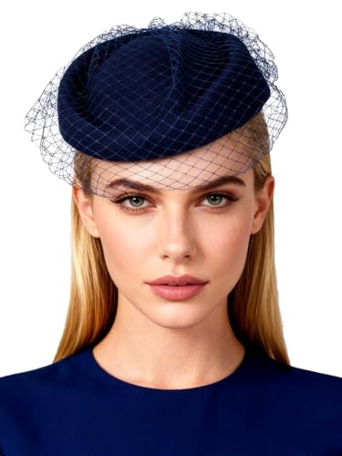 Wool Felt Vintage Beret Wedding Top Hats for Women Elegant Church Fedoras with Veil Ladies Cap Autumn Winter - color: Navy Blue