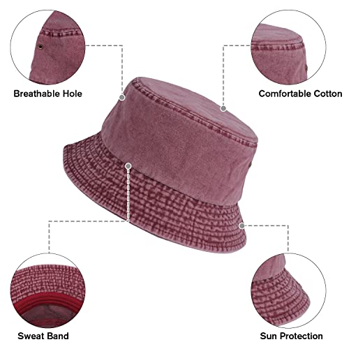 Washed Cotton Bucket Hats Packable Summer Beach Cap for Men Women - color: Ce-bh-black-gray-winered