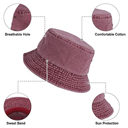 Washed Cotton Bucket Hats Packable Summer Beach Cap for Men Women - color: Ce-bh-black-gray-winered