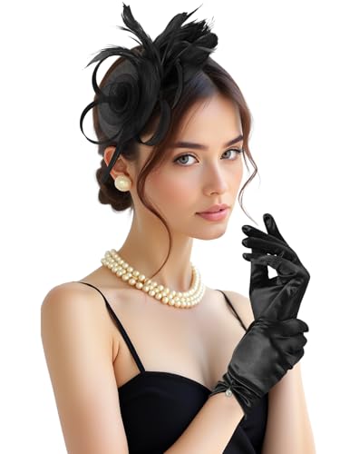 2Pcs 50s Fascinators Hats for Women Wedding Cocktail Flower Mesh Ribbons Feathers Church Tea Party Hats and Lace Glove - color: Black