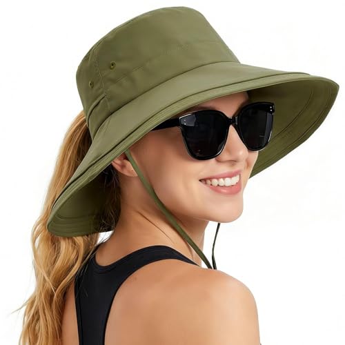 Rosoz Women Sun Hat with Ponytail Hole Wide Brim Bucket Hats UPF 50+ Beach Hiking Gardening Hat Water-Resistant Outdoot Hat - color: Green