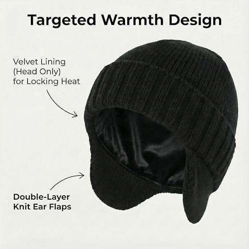 Home Prefer Mens Winter Hat Knit Earflap Hat Stocking Caps with Ears Beanie Hat - color: Black