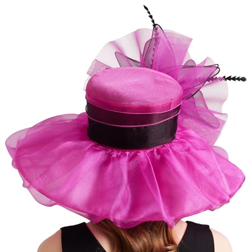 Women Organza Church Derby Hat Wide Brim Sun Caps for Wedding Tea Party Hat with Detachable hat Flower as Headgear - color: 10-rose Red