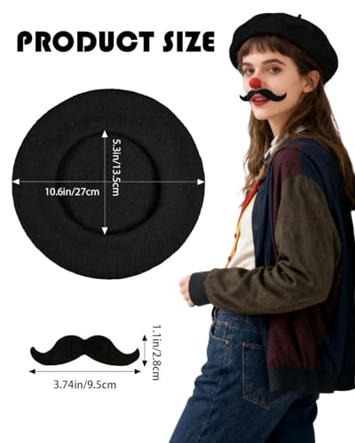French Beret Hat for Men Women,Moustache Mime Halloween Artist Party Hats Birthday Fancy Costume Classic Wool Beanie Caps Black