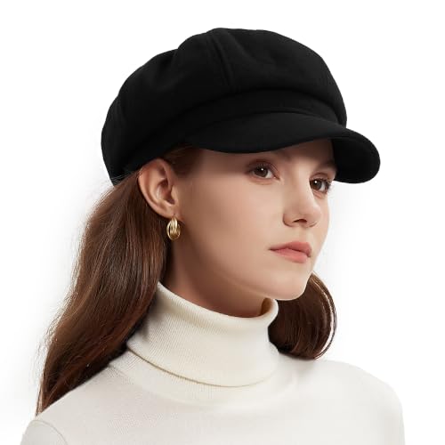 ACUSHLA Merino Wool Newsboy Cap Women Trendy Winter Baker Boy Cabbie Hats - color: Black