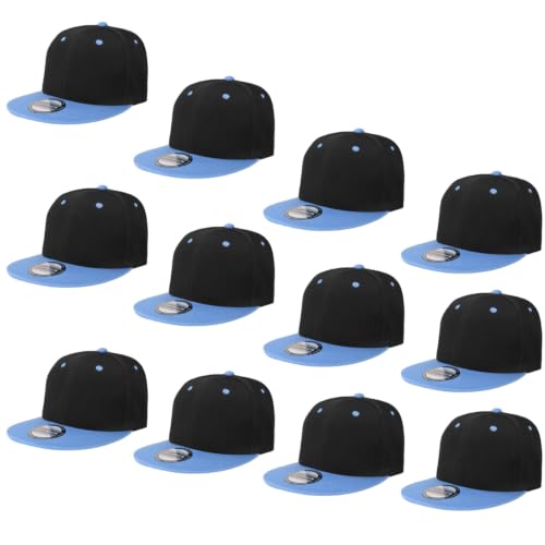 Falari Wholesale 12 Pack Snapback Hat Cap Hip Hop Style Flat Bill Blank Solid Color Adjustable Size - color: 12-pack Black/Sky Blue