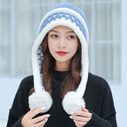 HUAMULAN Women Winter Peruvian Beanie Hat Ear Flaps Fleece Lining - color: Blue White