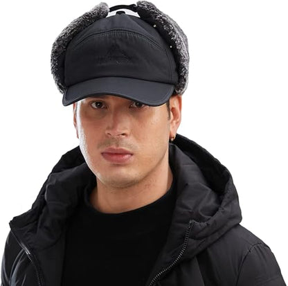 Winter 3 in 1 Thermal Fur Lined Trapper Hat with Ear Flap Full Face Warmer Cover Windproof Cycling Motorcycle Headwear - color: Black