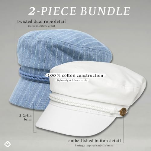 Funky Junque Greek Fisherman Newsboy Cap, Cotton Captains Bakerboy Hat - color: 2 Pack - Pinstripes - Denim & Solid White