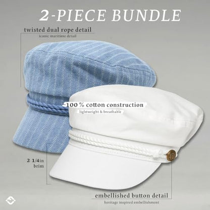 Funky Junque Greek Fisherman Newsboy Cap, Cotton Captains Bakerboy Hat - color: 2 Pack - Pinstripes - Denim & Solid White