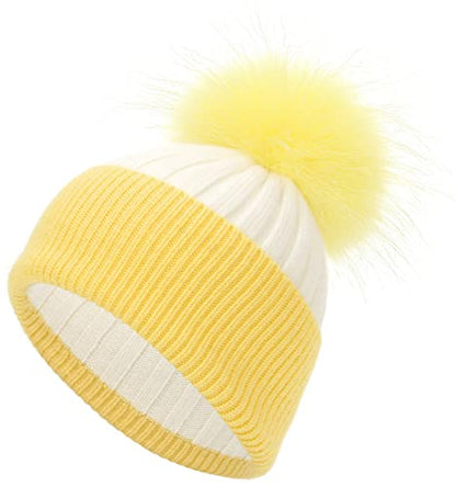 Women's Winter Ribbed Cuffed Beanie Skull Cap with Genuine Raccoon Fur Pom - color: White Yellow