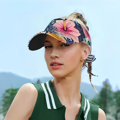 Adjustable Sun Visor Hats, Lightweight Open-Top Sports Visors - color: Hibiscus Palm Leaves
