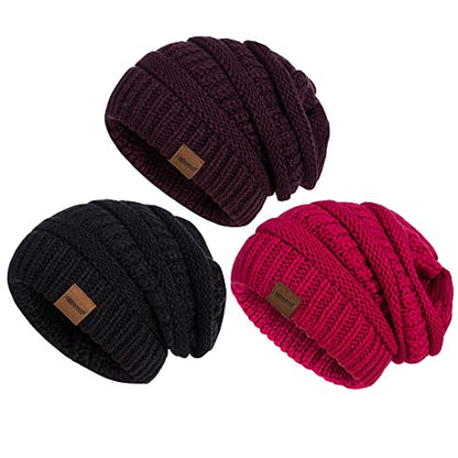 Slouchy Women's Winter 3 Pieces Beanie Hat Women Men Oversized Warm Knitted Women's Hat Winter Thick for Cold Weather - color: Black+dark Purple+candy Pink