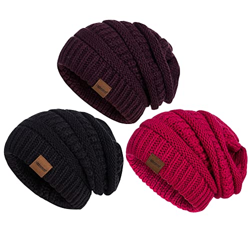 Slouchy Women's Winter 3 Pieces Beanie Hat Women Men Oversized Warm Knitted Women's Hat Winter Thick for Cold Weather - color: Black+dark Purple+candy Pink
