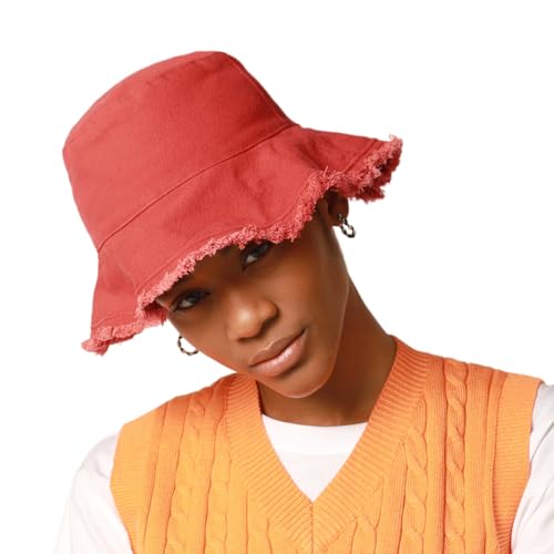 CHOK.LIDS Frayed Bucket Hat Washed Cotton Floppy Wide Brim Boonie Cap - color: Scarlet
