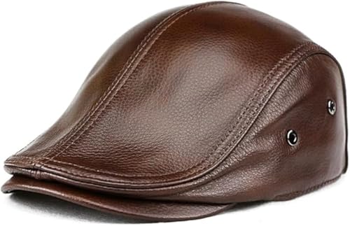 Men's Genuine Cowhide Newsboy Cap Leather Hat Adjustable Beret Caps Classic Golf Flat Ivy Cap Gatsby Driving Fishing Hat - color: Brown
