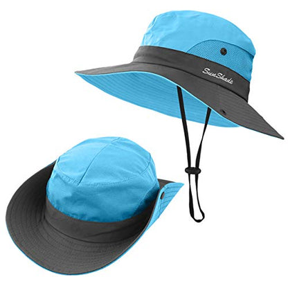 LCZTN Kids Ponytail Sun Hat Wide Brim UV Protection for Girls Beach Bucket Cap - color: Sky Blue, size: Medium