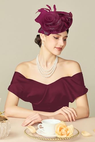 BABEYOND Fascinators Hats for Women Tea Party Mesh Flower Pillbox Derby Hat - color: Wine Red