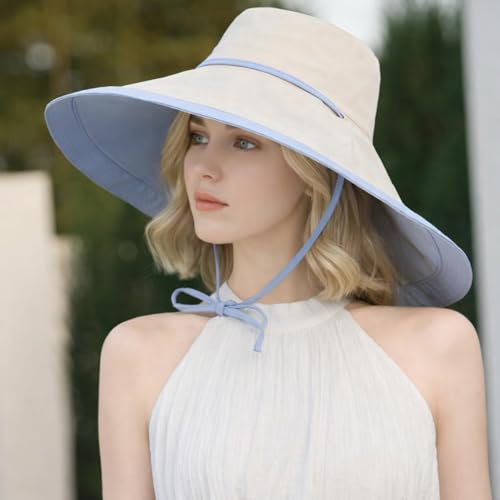 Wide Brim Sun Hat for Women Reversible Beach Hats Metal Wired Edge Gardening Hats, UPF 50+ Bucket Summer Hat - color: Blue Beige