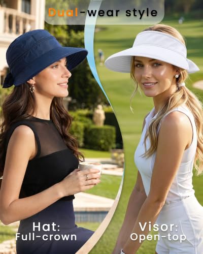 CHUNG 2 Pack Women Sun Visor Hat Wide Brim Summer UV Protection Zip-Off - color: White/Navy