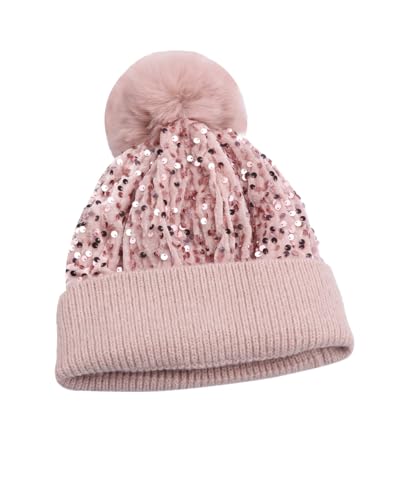 Women Sparkly Sequins Knitted Beanie Hat Warm Winter Skull Cap with Faux Fur Pom Pom - color: X Pink With Knit Cuffs