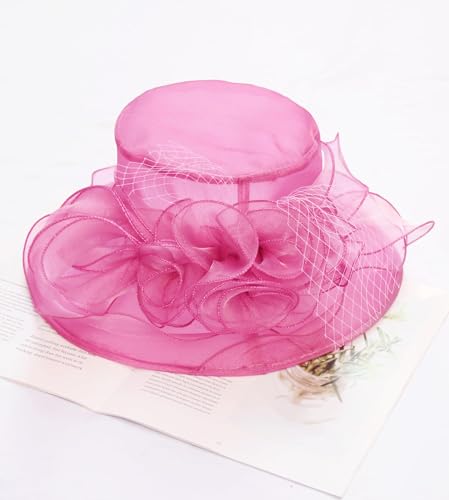 Women Derby Fascinator Hat Organza Church Wedding Hats Wide Brim Cocktail Tea Party Hat - color: 12 Fuchsia