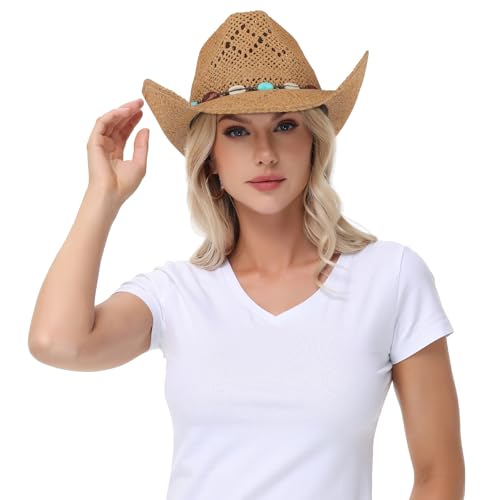 WQWOVRVO Cowboy Hat,Cowgirl Hat,Cowboy Hats for Women/Mens/Straw Wide with Shapeable Brim Western Cowboy Hat for Womens - color: Coffee Color