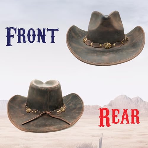 Equine Care Leather Cowboy Hat for Men & Women, Genuine Leather Western - color: Antique Brown, size: 7-7 1/8