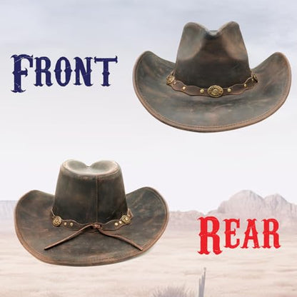 Equine Care Leather Cowboy Hat for Men & Women, Genuine Leather Western - color: Antique Brown, size: 7-7 1/8