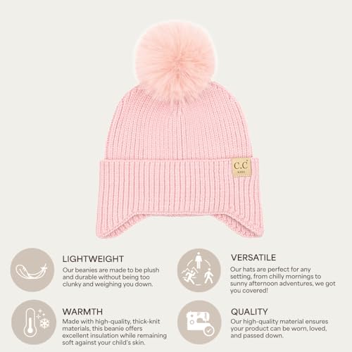 C.C Kids Ear Flap Fur Pom Beanie for Boys Girls - Comfortable Soft Warm Children Youth Knit Skully Hat with Faux Fur Pom - color: Pink